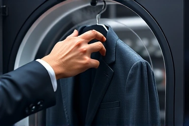 Hand placing garment into advanced clothing care machine, steam rising.