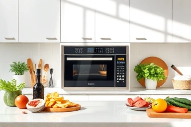 Sleek combination oven microwave in a modern kitchen setting.