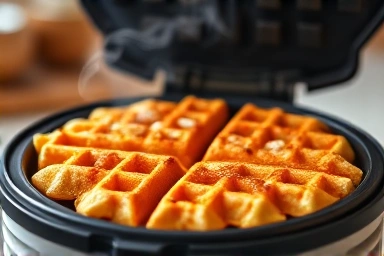 Crispy croffles emerging from a waffle maker, home cafe delight.
