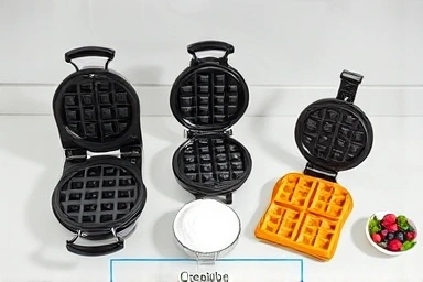 Variety of waffle makers and ingredients for homemade croffles.