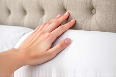 Close-up of hand touching soft, textured bed headboard.