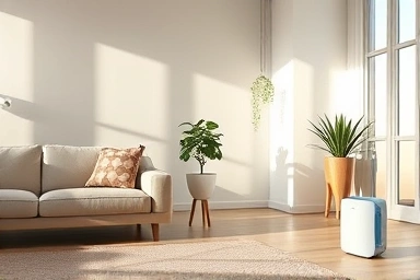 Modern living room with a quiet, efficient dehumidifier.