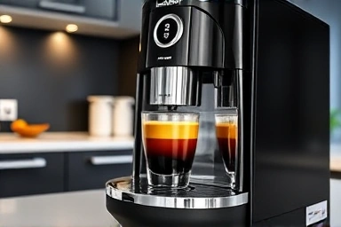 De'Longhi ECAM22110B coffee machine brewing espresso in a modern kitchen.