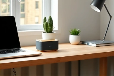 Minimalist desk with compact Bluetooth speaker and laptop.