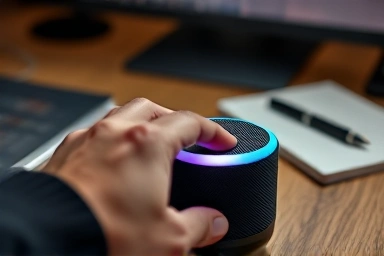 Close-up of hand near small Bluetooth speaker on wooden desk.