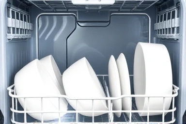 Sparkling clean dishwasher interior with pristine dishes.