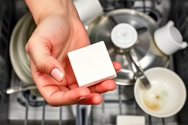 Dishwasher tablet dissolving, tackling tough grease.