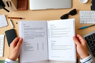 Hands organizing documents in a sturdy L-shaped folder.