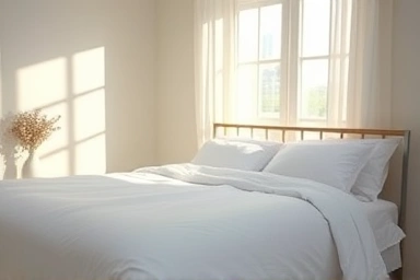 Clean bedroom with allergy-blocking bedding, promoting healthy sleep.