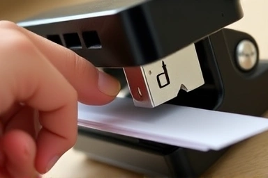 Electric stapler in action, neat flat-clinch staple.