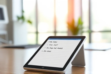 Modern office desk with electronic memo pad and to-do list.