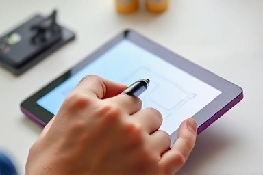 Hand writing on a colorful electronic memo pad with a stylus.