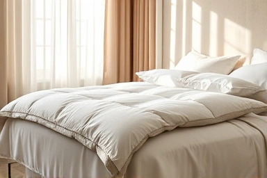 Luxurious bedroom with plush goose-down comforter and soft lighting.