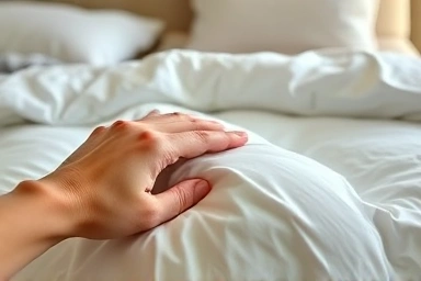 Close-up of hand touching soft, lofty goose-down comforter.