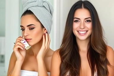Woman applying hair essence to damp and dry hair.