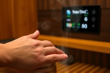Close-up of hinoki wood in wet half-bath, steam, and dry heater display.