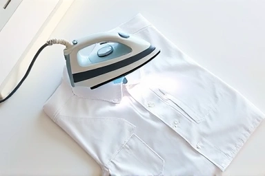 Modern handheld steam iron pressing a white shirt.