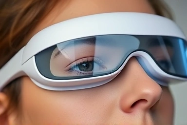 Close-up of a high-tech eye massager device, showing design and controls.