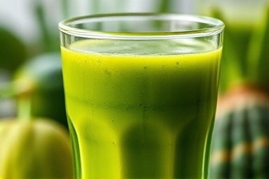 Vibrant green juice in glass, symbolizing preserved nutrients.