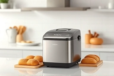 Modern home bread maker with fresh loaves of bread.