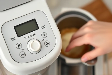 Close-up of bread maker control panel and hand adding ingredients.