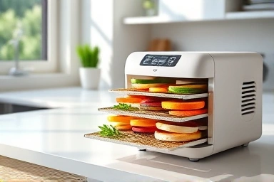 Sleek food dehydrator drying healthy fruit slices in a bright kitchen.