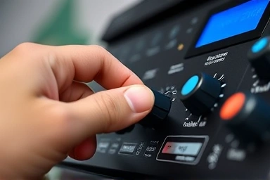 Hand adjusting audio interface knob for sound production.