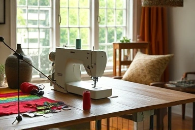 Cozy home sewing room with sewing machine and colorful fabrics