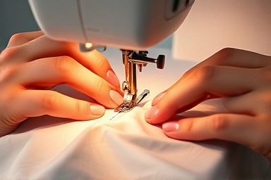 Close-up of sewing machine stitching fabric, showing precision