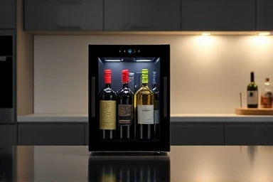 Sleek home wine cooler with red and white wine bottles.