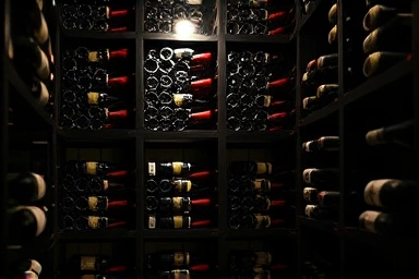 Interior of a wine cellar showcasing organized wine bottles on shelves.