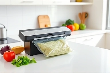 Home vacuum sealer machine sealing fresh food on kitchen counter.