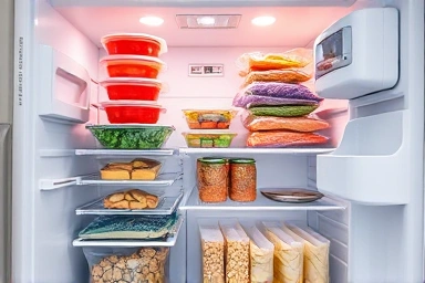Organized refrigerator with vacuum-sealed food bags, saving space.
