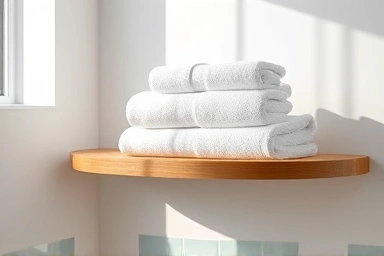 Luxurious bathroom with neatly folded hotel-style towels.