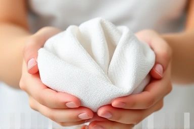Detailed view of hands folding a towel with precision.