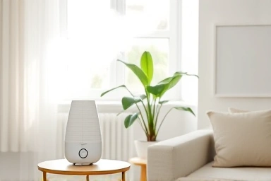 Clean living room with healthy air and modern humidifier