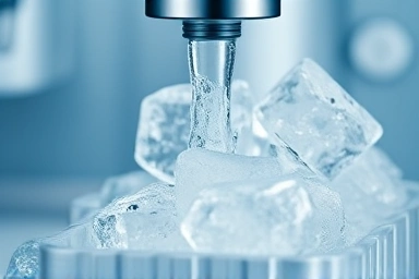 Close-up of fresh ice cubes from water purifier.
