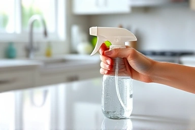 Clean kitchen counter after grease removal with spray.