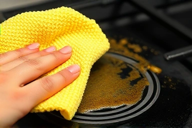 Cleaning wipe dissolving tough grease stain on stovetop.