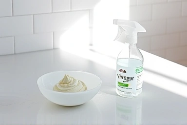 Clean kitchen counter with baking soda paste and vinegar spray.