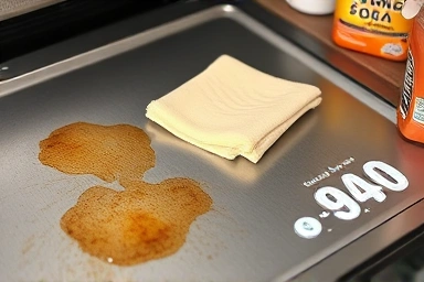 Removing stubborn grease stains from kitchen stovetop with natural cleaners.