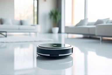 Futuristic robot vacuum with LDS sensor in a clean living room.