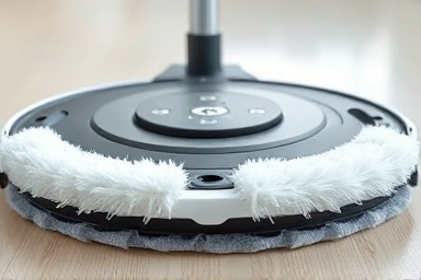 Close-up of robot vacuum's rotating mop pads cleaning a floor.
