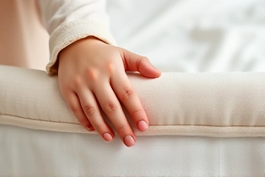 Close-up of child's hand on soft, rounded bed safety guard.