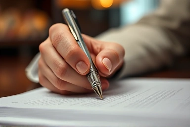 Elegant hand holding a luxury pen writing on paper.