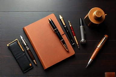 Collection of luxury pens and accessories on a wooden desk.
