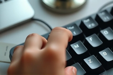 Hand pressing a mechanical keyboard key with focus on tactile feel.