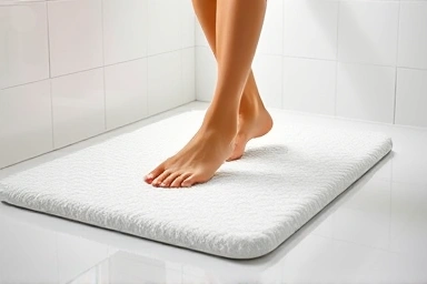 Plush memory foam bath mat absorbing water after shower.