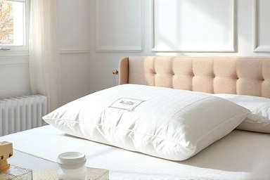 Clean memory foam pillow on a bed with natural light.