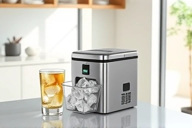 Compact mini ice maker producing fresh ice cubes for iced drinks.
